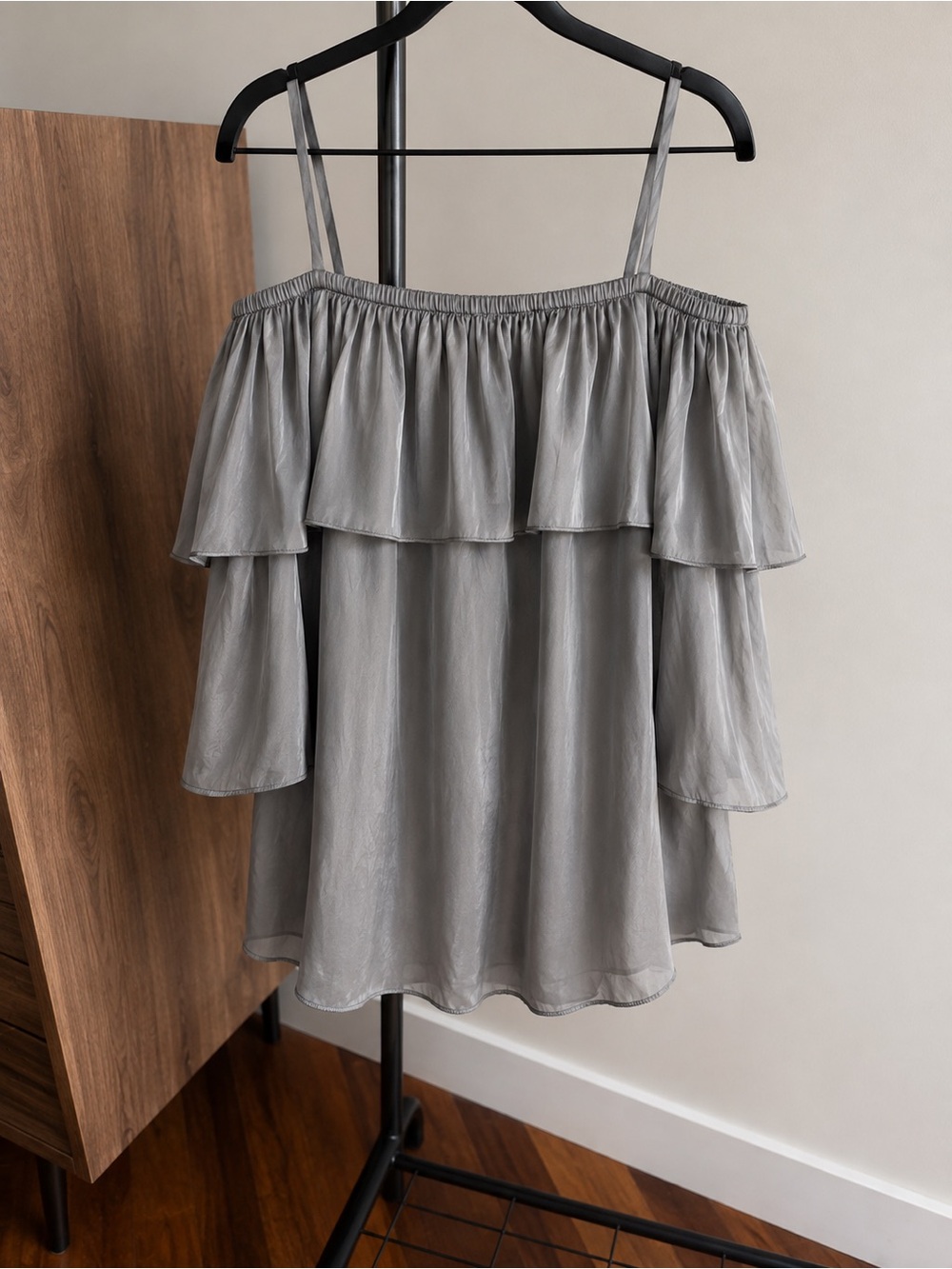 Wilfred Grey Satin-Like Off-Shoulder Ruffle Mini Dress - Size XS